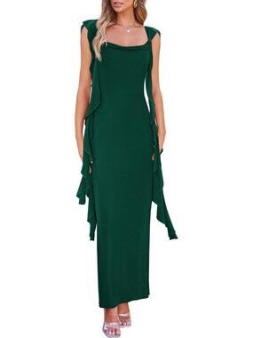 Women's Dark Green Ruffle Bodycon Soft Stretchy Slim Fit Wedding Maxi Dresses
